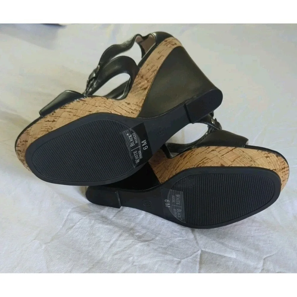 WHBM Wedge Sandals Black Leather Studded Strappy Sz 6M Edgy Goth Punk Going Out